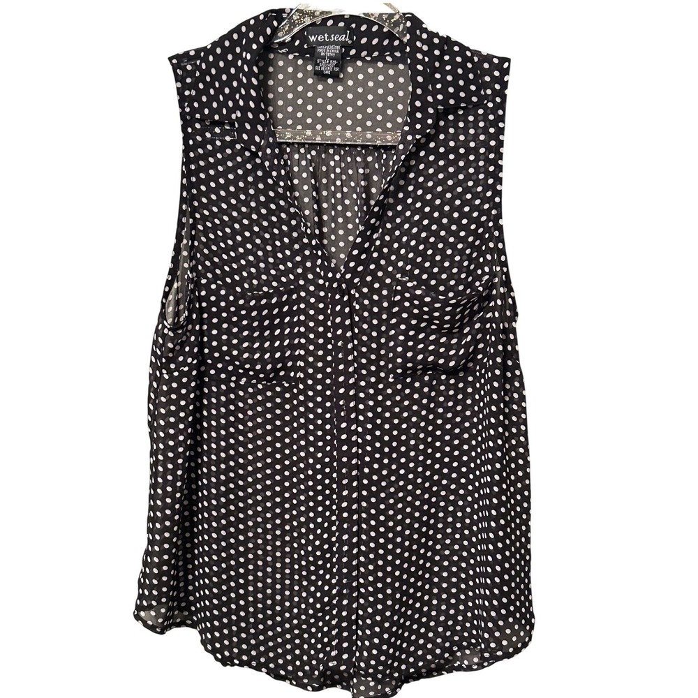 Wet Seal Women's Black White Polka Dot Sleeveless Button Up Blouse Large